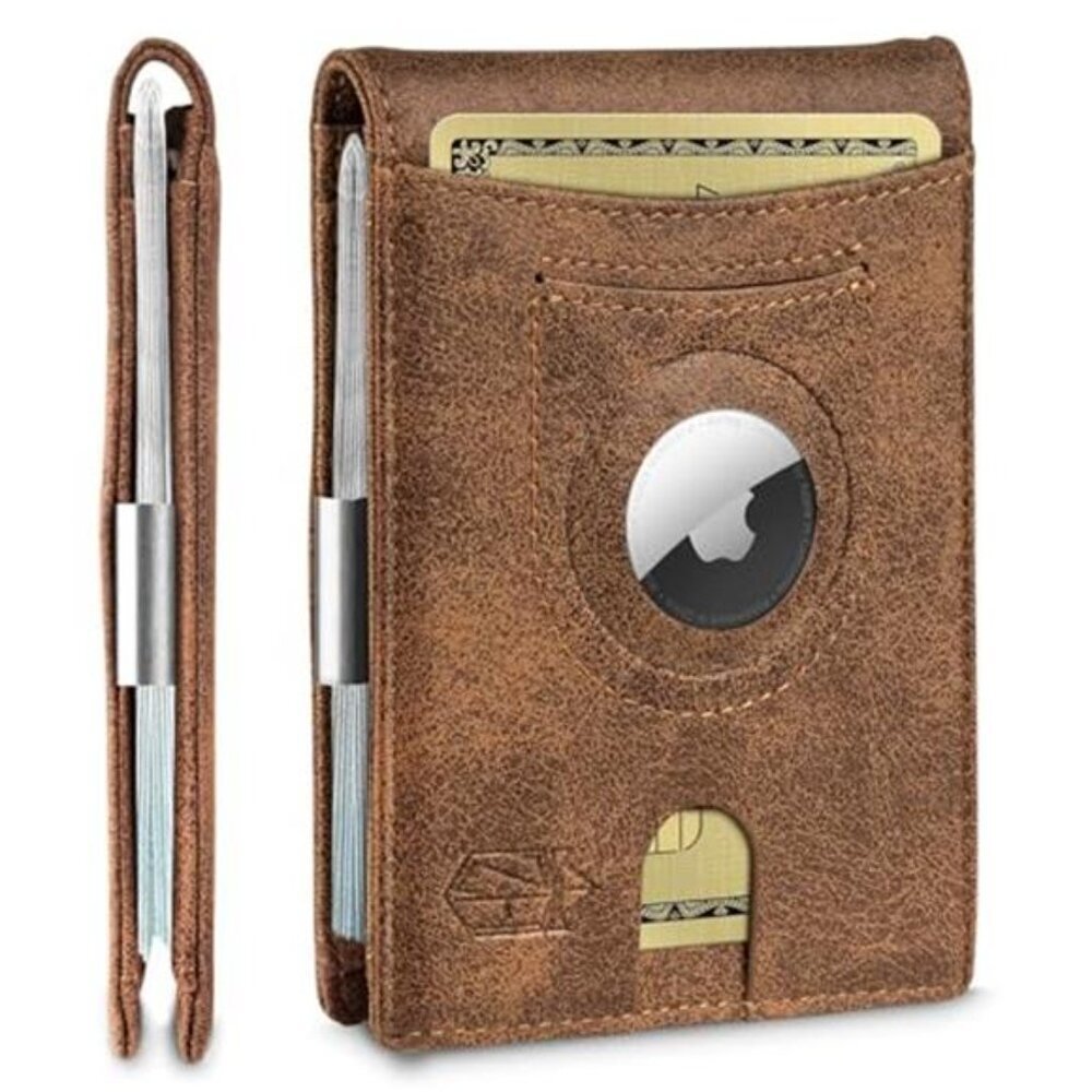 Slim RFID Leather Wallet AirTag Holder Men Slots